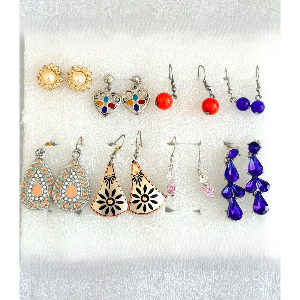 Curated Lot of 8 Pairs Eclectic Vintage Bohemian Earrings Gold Silver Crystal